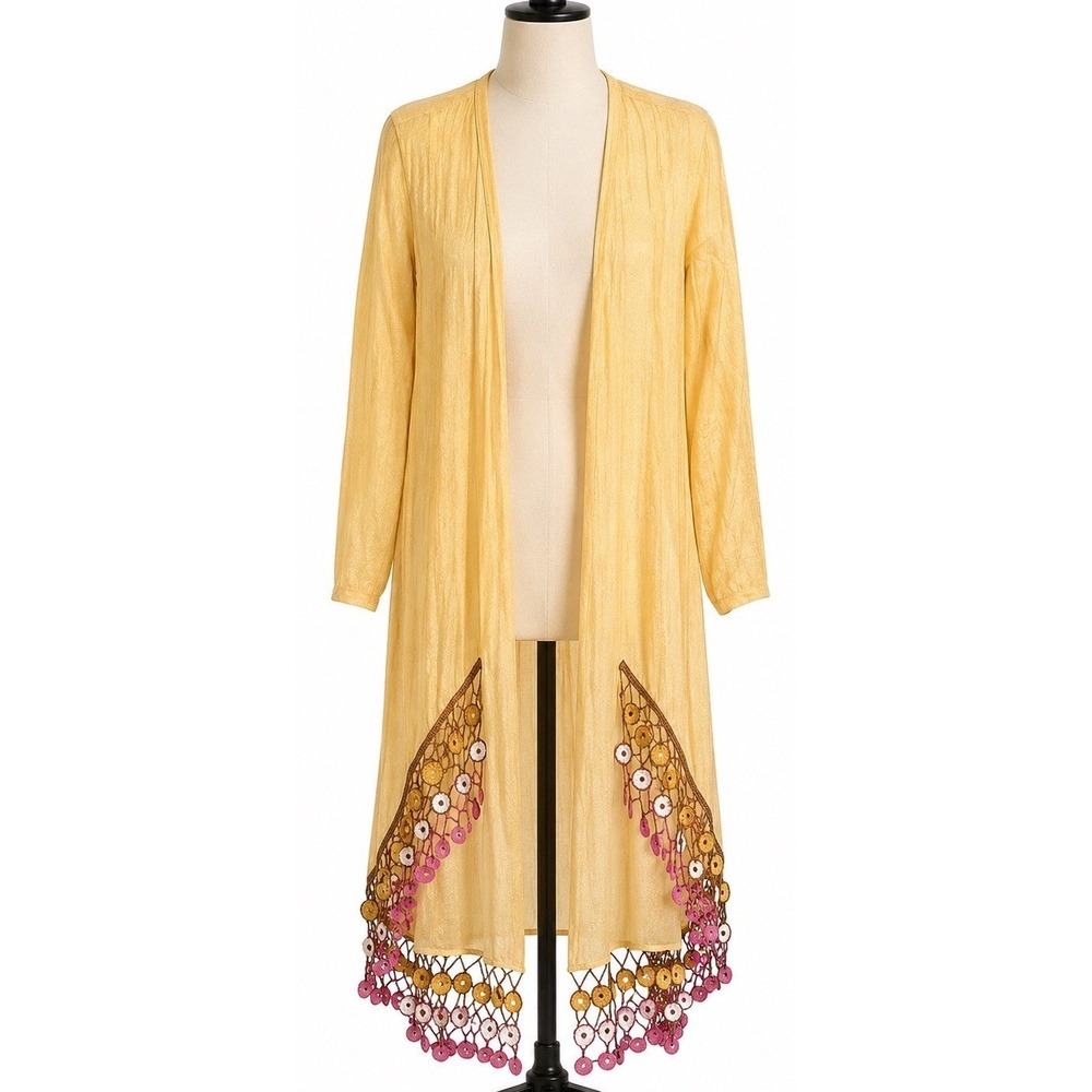 My Beachy Side Handmade Caftan Cotton Kimono Crochet Trim Tassel Gold Shimmer